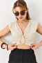 Cream Sundy Fabric Thick Strap V-Neck Gold Buckle Detailed Gathered Form Blouse - 4