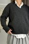Anthracite Thin Knitwear Fabric V-Neck Long Sleeve Relaxed Fit Easy to Combine Knitted Sweater - 3