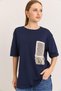 Navy Blue Soft Textured Crew Neck Fit Form Straw Pocket Short Sleeve Knitted T-Shirt - 2