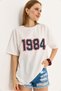 Ecru Cotton Crew Neck Short Sleeve Oversize Nineteen Eighty Four Printed T-Shirt - 3