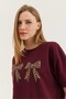 Burgundy Cotton Crew Neck Drop Shoulder Regular Fit Ribbon Print Detailed Basic T-Shirt - 4