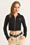 Black Stretchy Fabric High Neck Long Sleeve Crop Form Full Length Zipper Detailed Knitted Blouse - 2