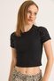 Black Cotton Crew Neck Short Sleeve Regular Fit Stone Detailed Ottoman Crop Blouse - 3