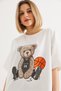 White Cotton Crew Neck Drop Shoulder Oversize Teddy Bear Printed Short Sleeve Knitted T-Shirt - 3
