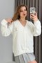 Ecru Soft Textured V-Neck Wide Cut Cardigan with Heart Embroidery on the Front and Buttons - 2