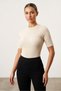 Beige Ribbed Stretchy Textured Crew Neck Short Sleeve Slim Fit Bodysuit with Snap Buttons at the Bottom - 2