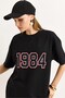 Black Crew Neck Short Sleeve Drop Shoulder Nineteen Eighty Four Printed Oversize T-Shirt - 5