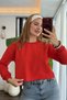 Red Cotton Blend Crew Neck Long Sleeve Relaxed Fit Short Crop Sweatshirt - 2