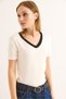 White Cotton Blend V-Neck Short Sleeve Standard Fit T-Shirt with Contrast Color Detail - 3