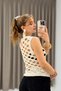 Beige Knitted Fabric Crew Neck Comfortable Fit Thick Straps Perforated Mesh Detailed Mercerized Blouse - 4