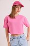 Pink Cotton Two Yarn Fabric Crew Neck Short Sleeve Relaxed Fit Crop Blouse - 3