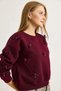 Burgundy Three-Thread Ribbed Crew Neck Low Shoulder Ribbon Detailed Comfortable Fit Sweatshirt - 5