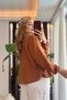 Tan Muslin Fabric Elastic Sleeves Comfortable Fit Tie Detail Front Buttoned Blouse - 5