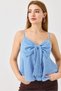 Blue Linen Look Thin Straps Plaid Large Bow Detail Relaxed Fit Blouse