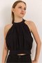 Black Woven Linen Halter Neckline Stretchy Textured Backless Belted Detailed Blouse - 2
