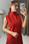 Red Woven Fabric Half Turtleneck Sleeveless Mini Dress with Stone Print Detail - 3