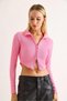 Pink Corded Camisole Polo Collar Long Sleeve Zipper Detailed Slim Fit Crop Blouse - 2