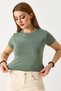 Green Stretchy Textured Crew Neck Short Sleeve Straight Cut Slim Fit Knitted Crop Blouse - 3