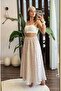 Cream Woven Fabric Skirt with Elastic Waist, Lined Inside, Loose Cut, Long Polka Dot Patterned Skirt - 2