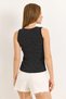 Black Corded Stretchy Textured V-Neck Sleeveless Slim Fit Horizontal Line Patterned Blouse with Accessory Detail - 4