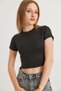 Black Cotton Stretchy Textured Crew Neck Short Sleeve Slim Fit Crop Blouse - 3