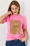 Pink Cotton Woven Crew Neck Short Sleeve Standard Cut Palm Tree Shiny Print T-Shirt - 2