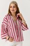 Red and White Striped Patterned Half-Sleeve Self-Folding Comfortable Fit Buttoned Shirt - 3