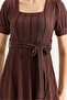 Brown Wrinkled Fabric Square Collar Short Sleeve Dress with Belt Detail, Suitable for Daily Use - 2