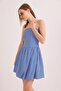 Blue Cotton Woven Strapless Neckline Mini Cutout Backless Detailed Dress - 5