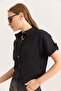 Black Muslin Soft Textured Shirt with Collar, Short Sleeves, Buttoned, Flexible Use, Comfortable Cut Shirt - 3