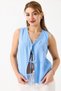 Blue Lined V-Neck Regular Cut Sleeveless Vest with Tie and Stitching Detail