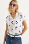 White Blue Linen Fabric Half Sleeve Buttoned Single Pocket Floral Pattern Classic Collar Shirt - 3