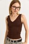 Brown Knitwear Fabric Staircase Collar Sleeveless Standard Cut Modern Textured Knitted T-Shirt - 2