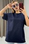 Navy Blue Stretchy Textured Crew Neck Half Sleeve Comfortable Fit T-Shirt with Stone Embroidery Detail