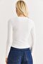White Ribbed Stretchy Textured Crew Neck Long Sleeve Blouse with Buckles and Slits on the Sides - 7