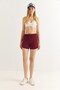 Burgundy Stretchy Textured High Waist Elastic Lace-Up Adjustable Comfortable Form Fit Shorts
