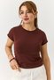 Brown Stretchy Textured Crew Neck Short Sleeve Basic Straight Cut Comfortable Fit T-Shirt