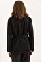 Black Cotton Suede Textured Waist-Tied Buttoned Pocketed Long Sleeve Classic Collar Jacket - 5