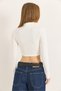 Ecru Ribbed Stretchy Textured High Neck Long Sleeve Cropped Blouse with Double Stripe Zipper Detail - 5