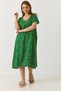 Green Woven Fabric V-Neck Short Sleeve Relaxed Fit Floral Pattern Midi Dress