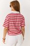Pink Striped Print Detailed Polo Collar Short Sleeve Relaxed Fit Knitted Fabric T-Shirt - 5