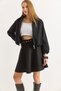 Black Suede Textured High-Waisted Comfortable Cut Midi Length Flared Skirt with Belt Detail - 3