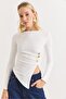 White Ribbed Stretchy Textured Crew Neck Long Sleeve Blouse with Buckles and Slits on the Sides - 5