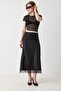 Black Satin Fabric, Elastic Waist, Comfortable Cut, Long Skirt with Guipure Detail at the Hem - 2