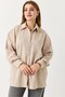 Beige Muslin Fabric Off-Shoulder Oversize Stretchy Textured Basic Pocketed Buttoned Shirt