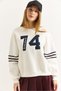 White Crew Neck Drop Shoulder Relaxed Fit Sweatshirt with Striped Sleeves and Number Print on the Front - 2
