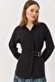 Black Woven Fabric Shirt Collar Drop Shoulder Long Sleeve Self Belted Classic Cut Shirt - 2