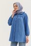 Blue Linen Fabric Baby Collar Long Sleeve Buttoned Relaxed Fit Shirt Detailed Tunic - 4
