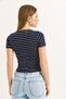 Navy Blue Cotton Flexible Textured Square Neck Short Sleeve Striped Patterned Knitted Blouse - 5