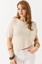 Cream Sandy Fabric Crew Neck Half Sleeve Relaxed Cut Cape Detailed Knitted Blouse - 3
